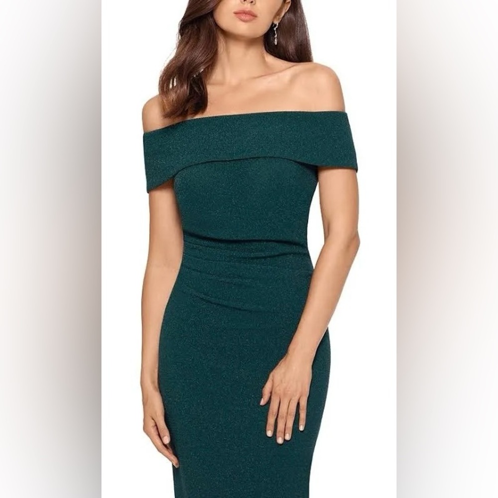 Xscape Women's Glitter Off-The-Shoulder Gown Sz 8 Hunter Green